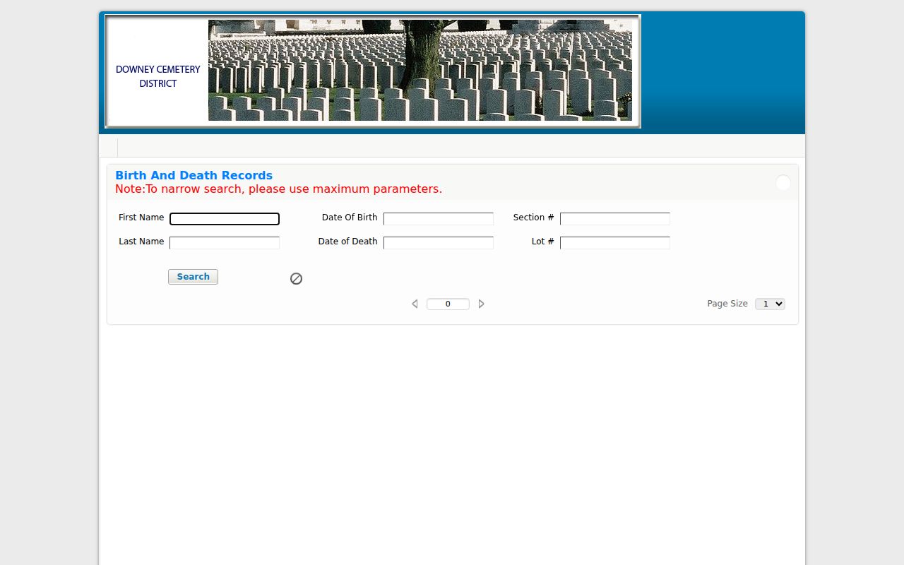 Downey people directories Downey Cemetery District search screenshot