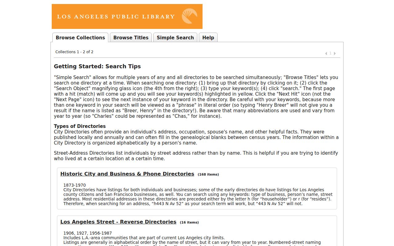 Downey people directories LAPL historic directory collections screenshot