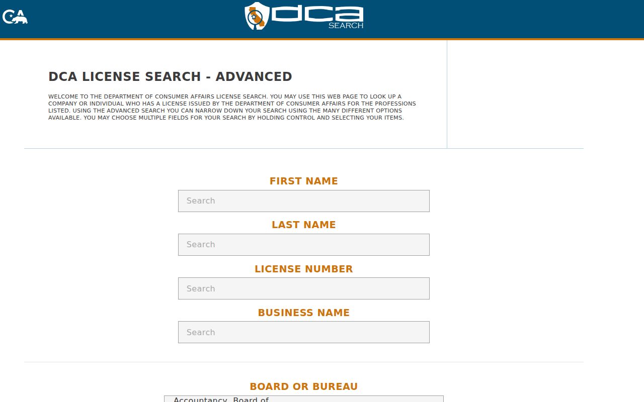 Downey public records California DCA advanced license search