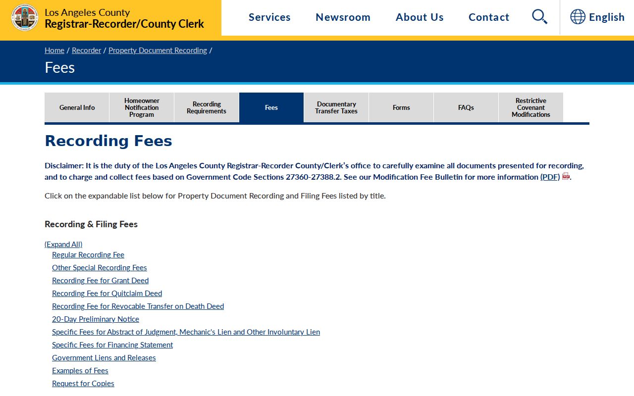 Downey public records RRCC recording fee schedule